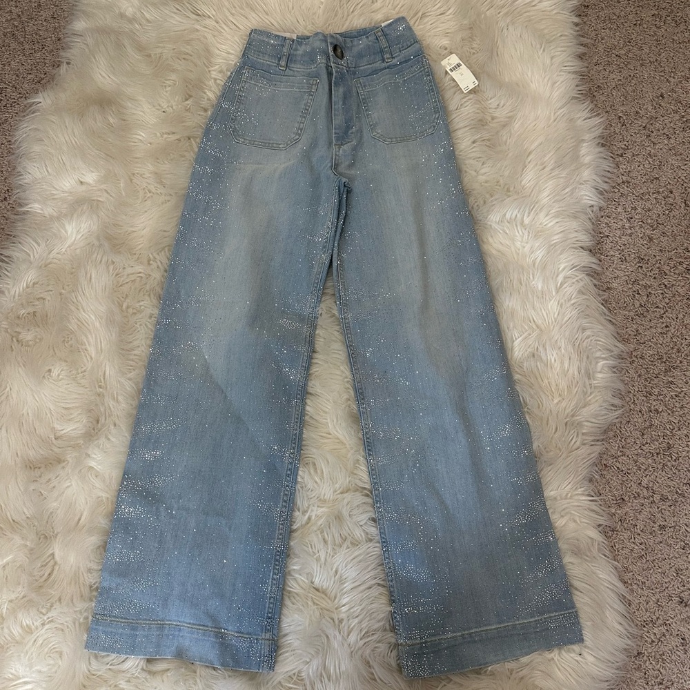 NWT Maeve Colette full length Light Blue Wide-Leg Jeans with Silver Sparkle